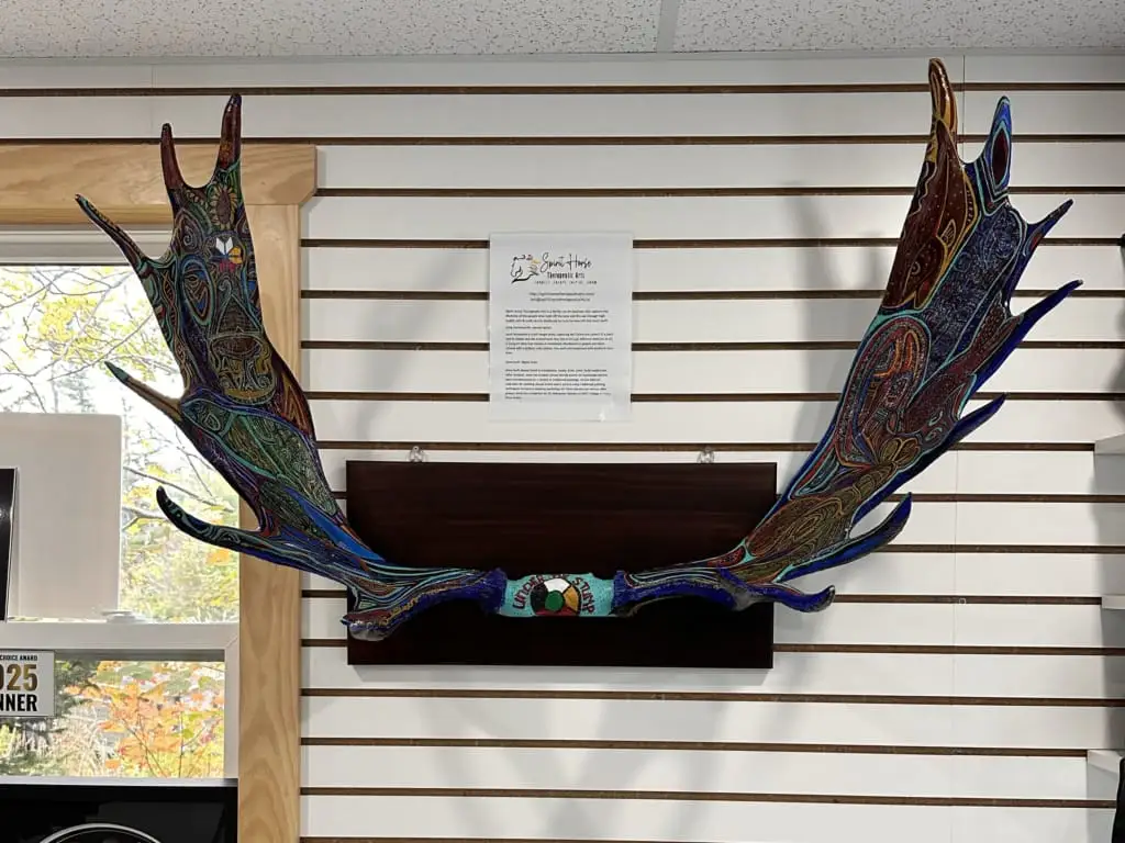 Indigenous art on moose antlers at Under the Stump ATV Tours