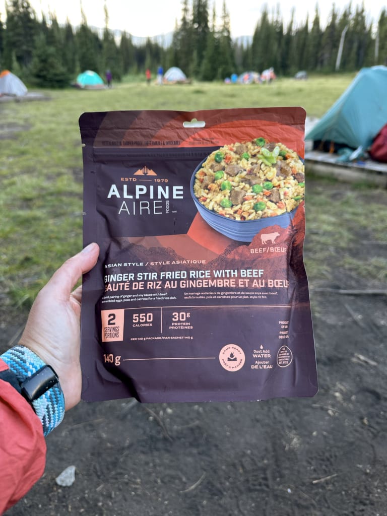 A hiker holds a package of Alpine Aire Ginger Stir Fried Rice with Beef in a backcountry campground