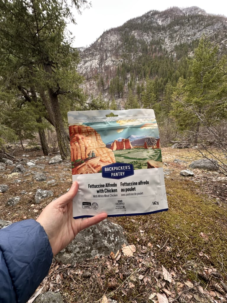 A hiker holds a package of Backpacker's Pantry Fettuccini Alfredo in front of a forested mountain background
