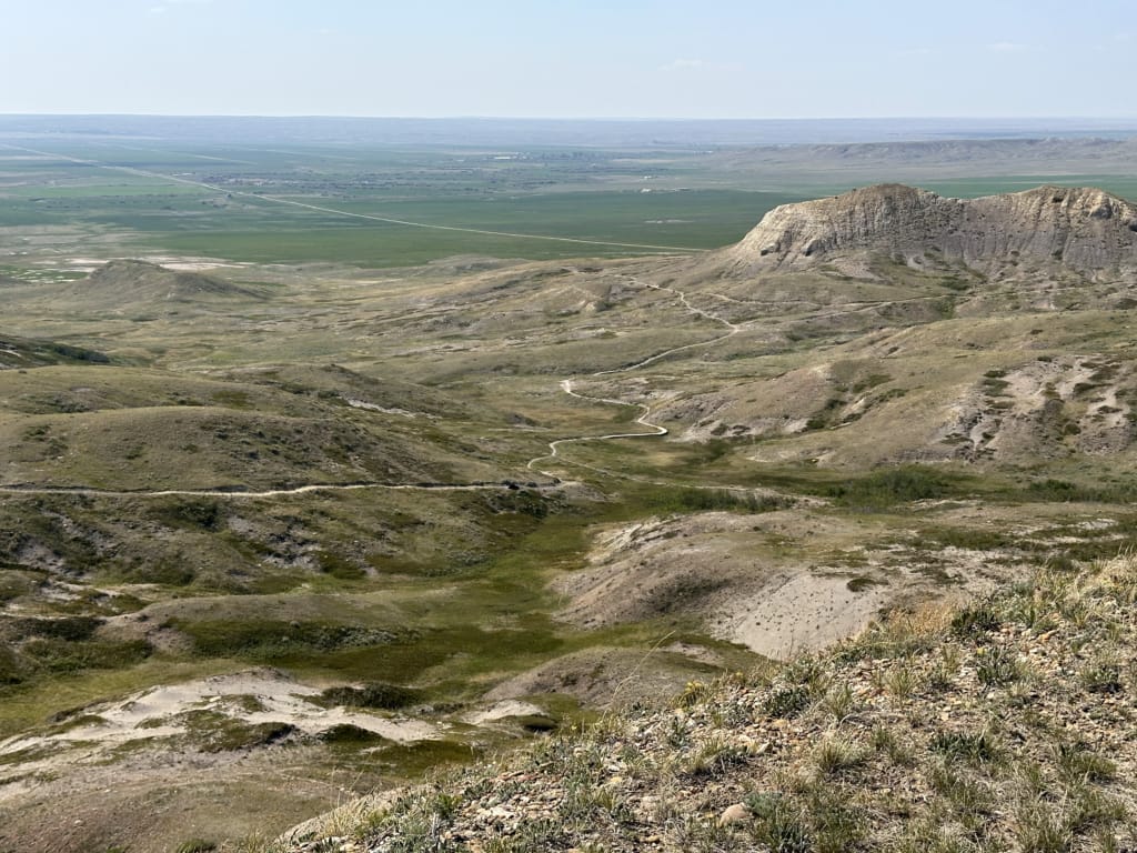 View of the farmland just outside the park from 70 Mile Butte in Grasslands National Park