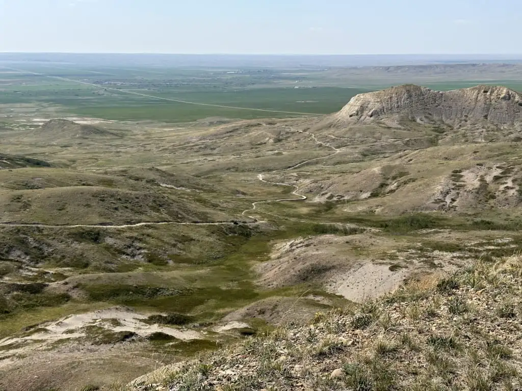 View of the farmland just outside the park from 70 Mile Butte in Grasslands National Park