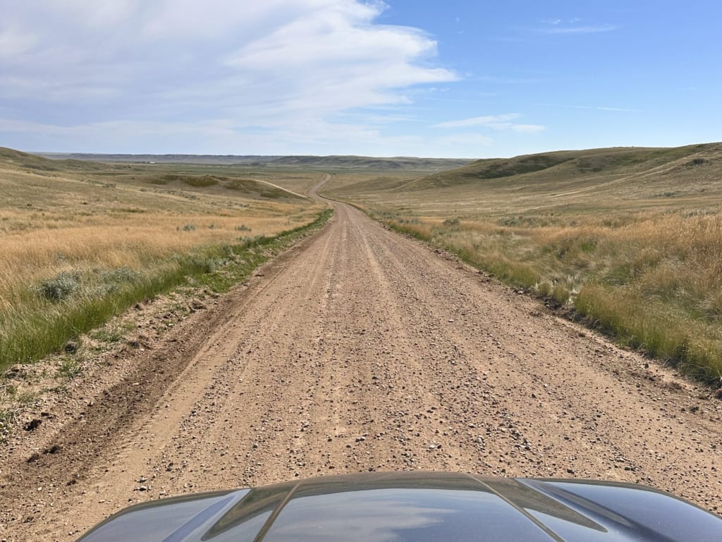 View from a car driving on the gravel roads in Grasslands National Park