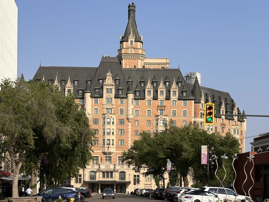 View of the Delta Hotel Bessborough in downtown Saskatoon from street level