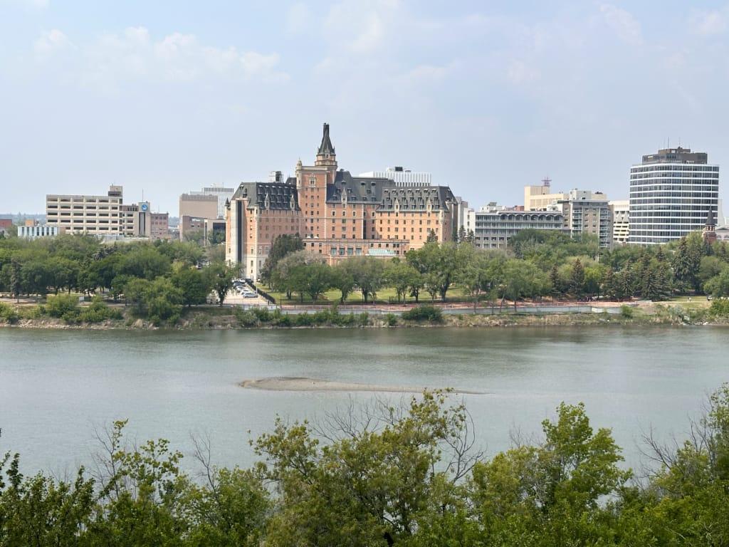 Looking cross to the Hotel Bessborough and downtown Saskatoon from the Meewasin Trail