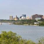 View of downtown Saskatoon from the University of Saskatchewan Sculpture Garden