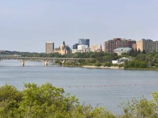 View of downtown Saskatoon from the University of Saskatchewan Sculpture Garden