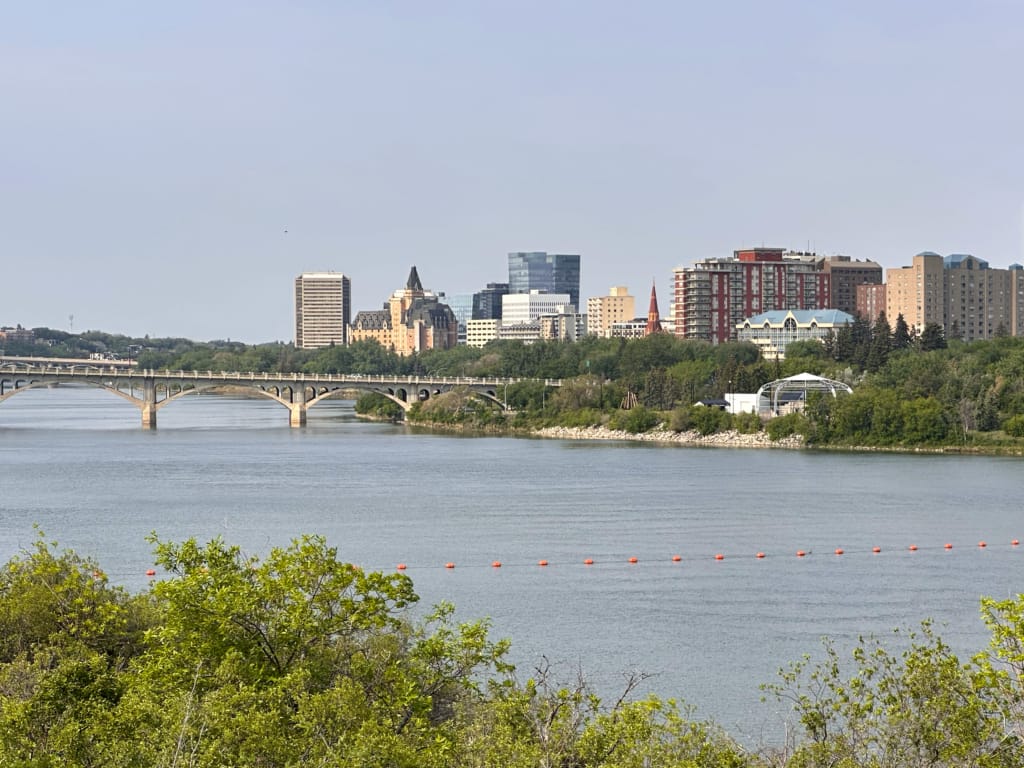 View of downtown Saskatoon from the University of Saskatchewan Sculpture Garden