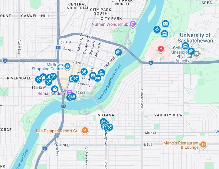 Map of Saskatoon highlighting the best things to do in Saskatoon