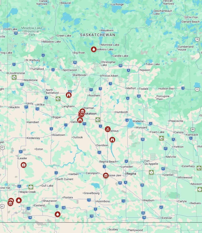 Google Map showing the best things to do in Saskatchewan