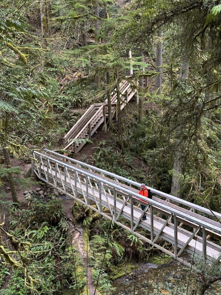 A hiker crosses a bridge on the trail to Ammonite Falls