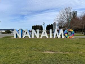 The iconic Nanaimo sign in Maffeo Sutton Park