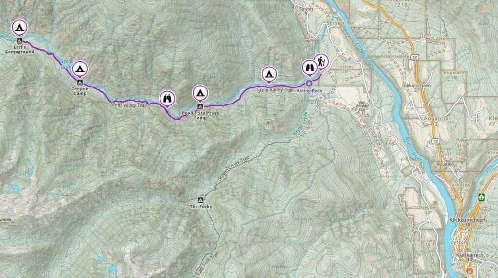 Topographic map showing the Lower Stein Valley hike