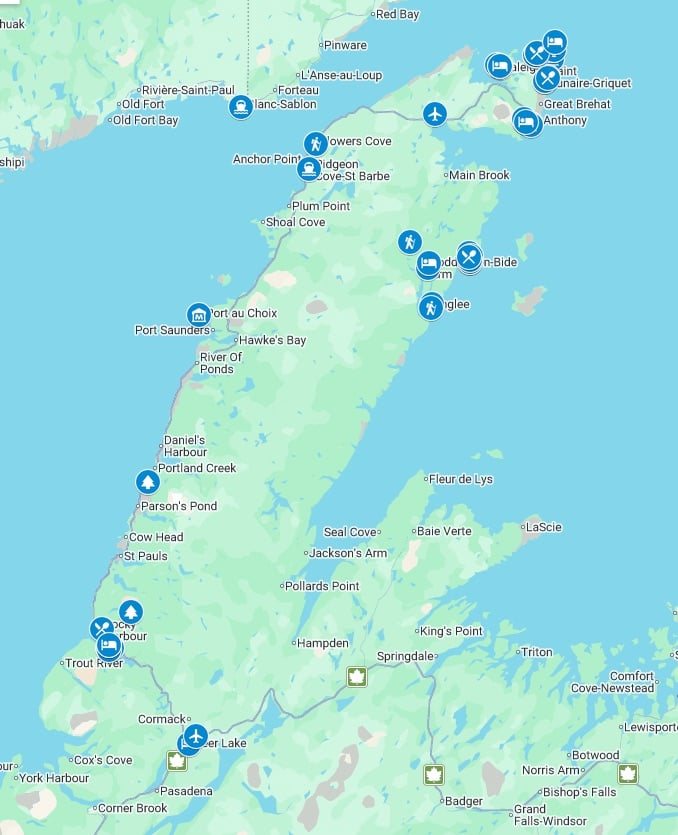 A map showing things to do on the Great Northern Peninsula in Newfoundland