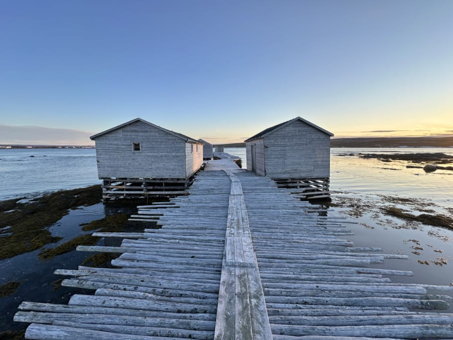 Fishing stages at Raleigh Historical Village at sunset