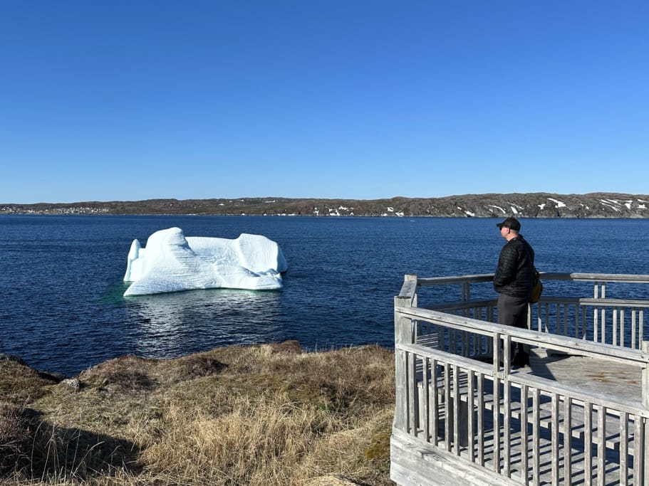 An person looks at an iceberg from a viewing platform in Fishing Park in St. Anthony, NL