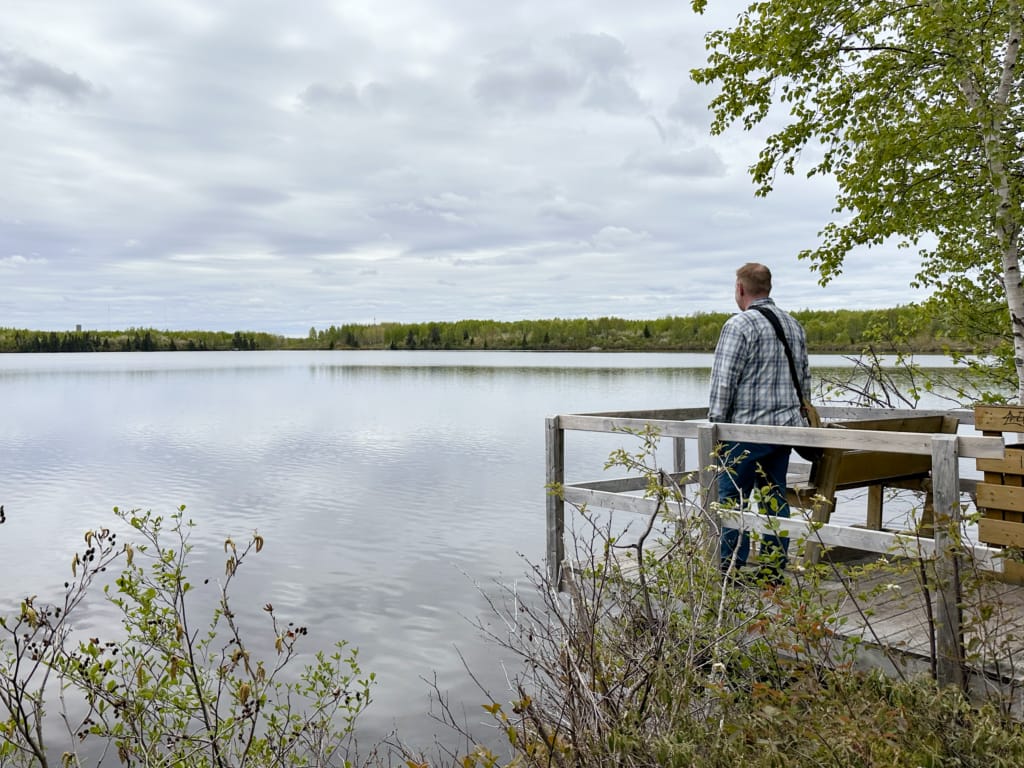 A man stands on a viewing platform at Corduroy Brook Nature Trails - one of the best things to do in Grand Falls-Windsor, Newfoundland