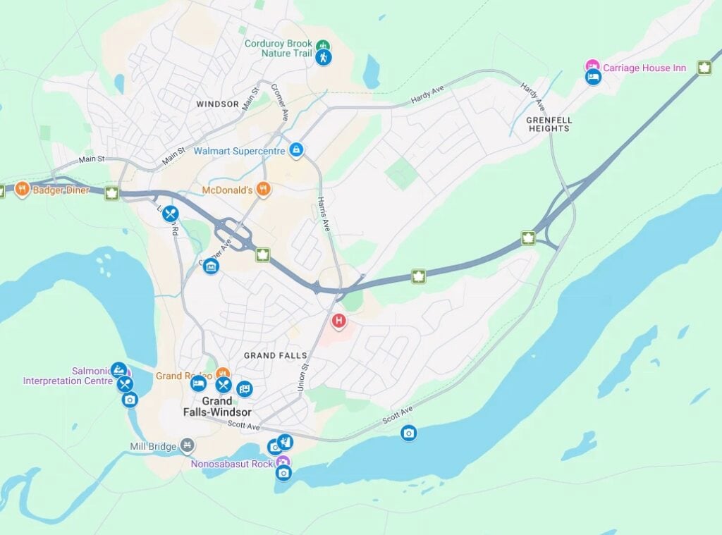 Google Map showing things to do in Grand Falls-Windsor, Newfoundland