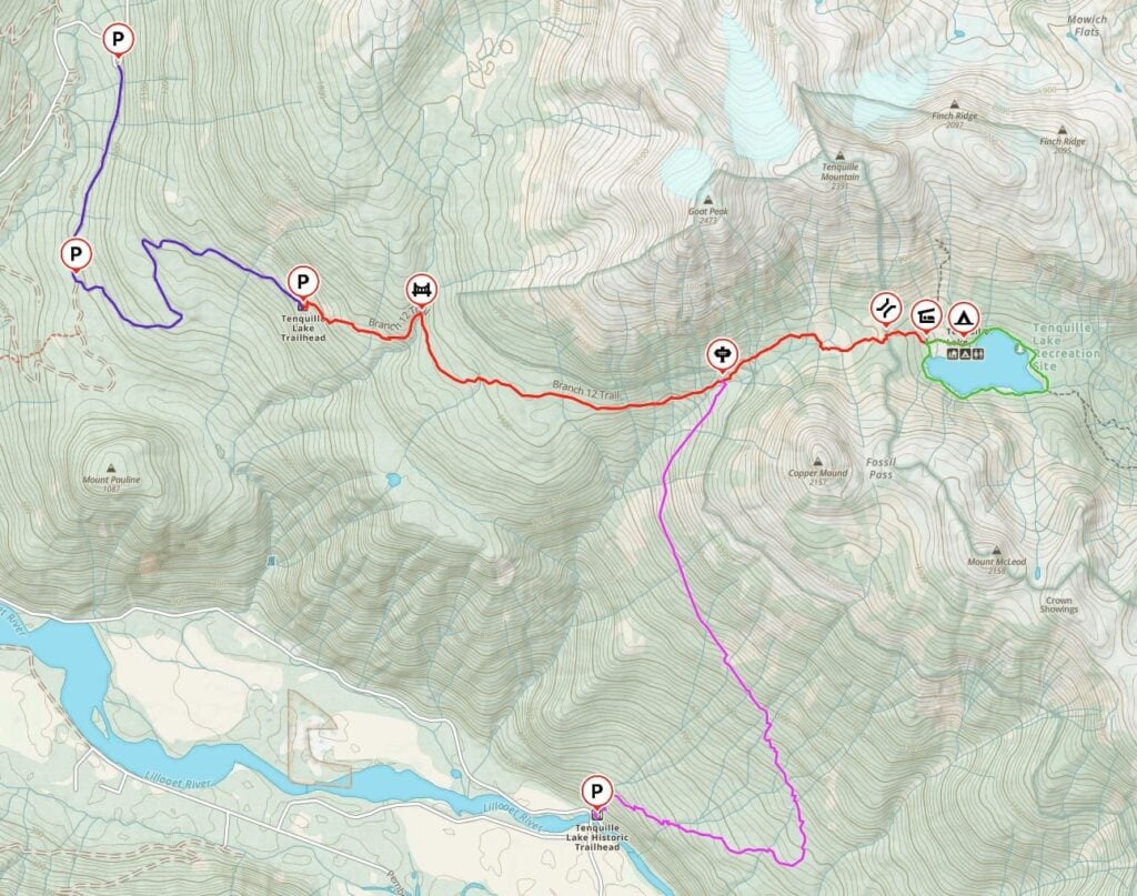Map of the Tenquille Lake Trail as well as the Branch 12 access road. 