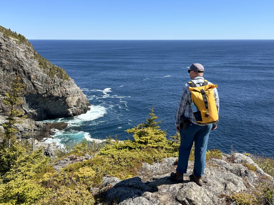 A hiker stands at a viewpoint along the Biscan Cove Path of the East Coast Trail