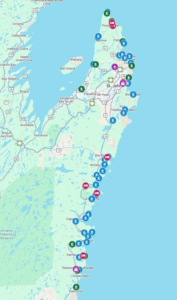 A google map showing the East Coast Trail in Newfoundland including all trailheads, accommodations, and transportation