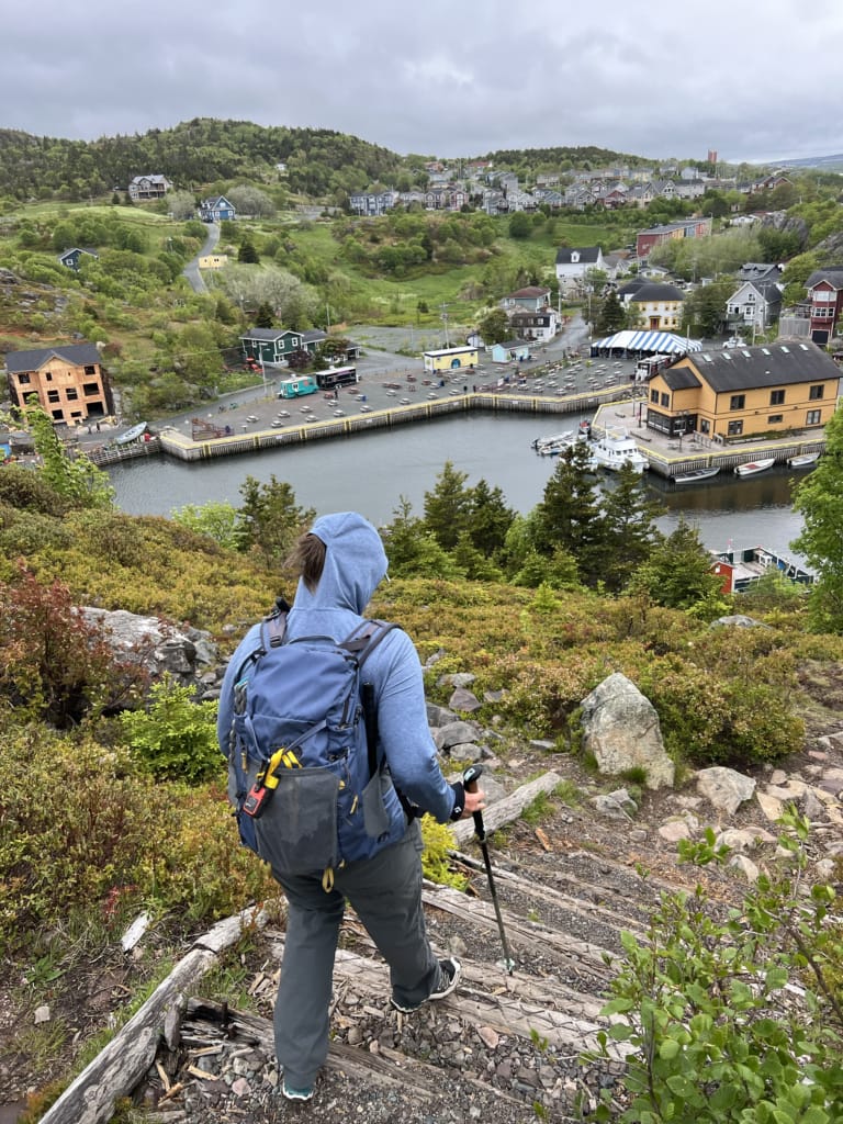 A hiker on the trail into Quidi Vidi on the Sugarloaf Path