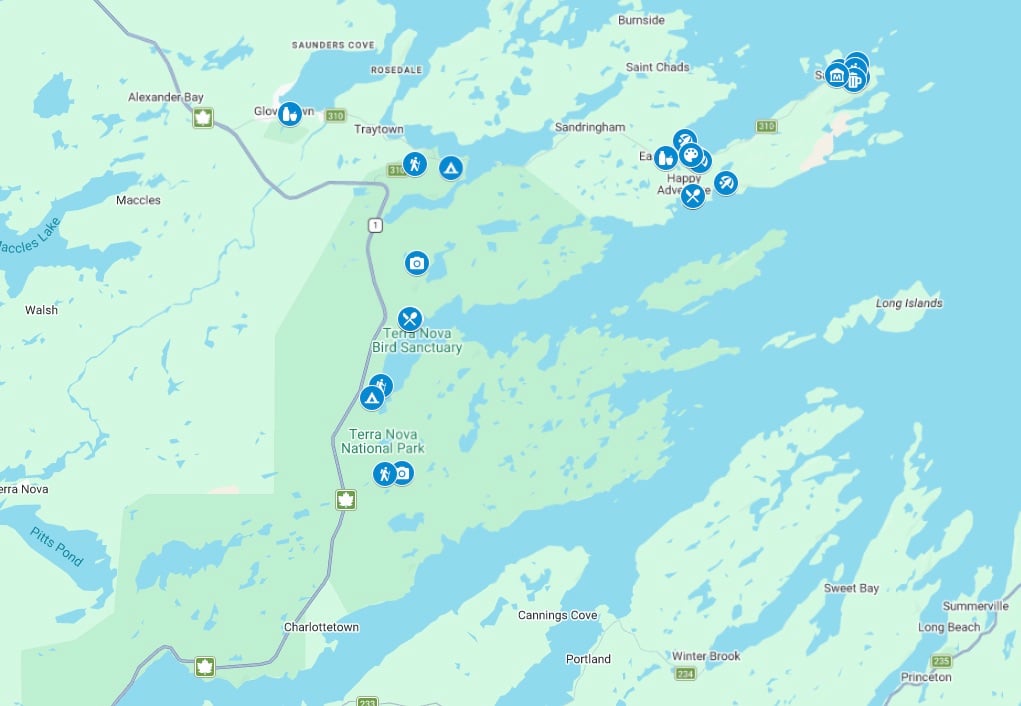 A google map showing the best things to do in Terra Nova National Park and the Eastport Peninsula in Newfoundland