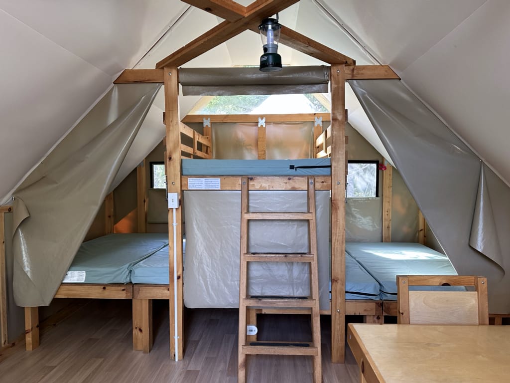The interior of an oTENTik tent cabin in Terra Nova National Park. It has bunk beds against the back wall and a wooden table and chairs in the front.