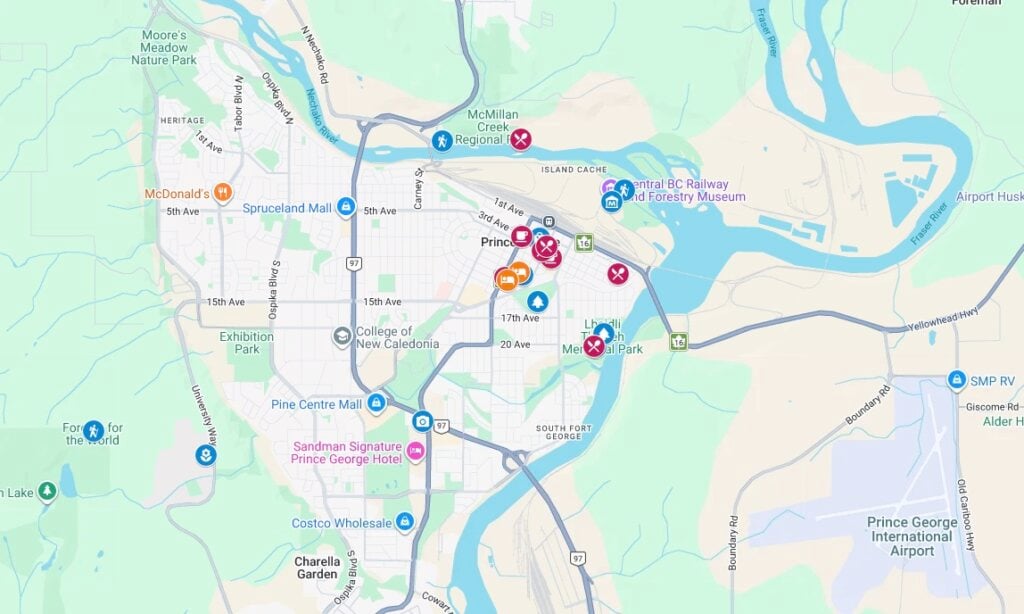 A custom google map showing all the best things to do in Prince George